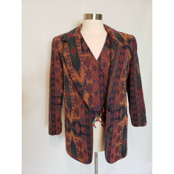 Vintage Jackets & Blazers - Womens 90s Vintage Matching Blazer Jacket & Vest Southwest Print Size Small